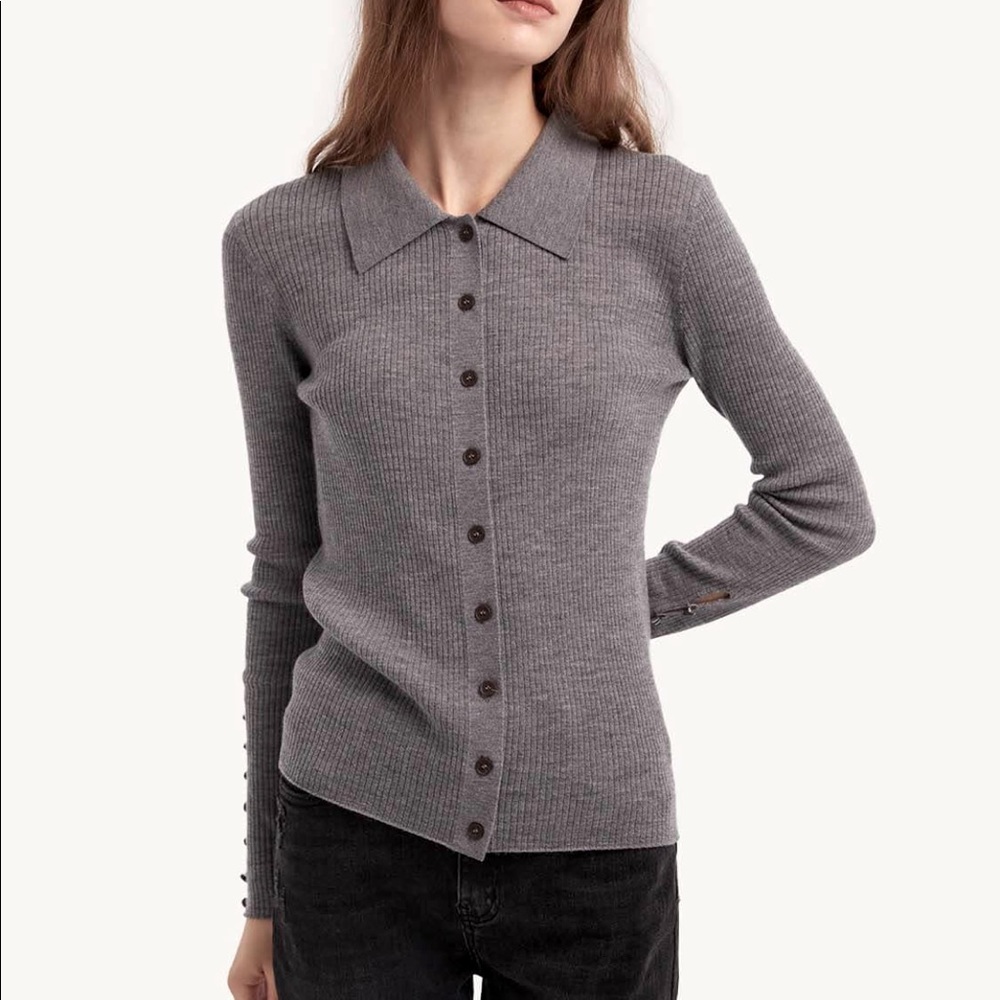 100% merino collared cardigan—grey